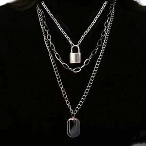Silver Mixed Chains Dog Tags Lock Charms Individual Necklace Sets 3pcs
